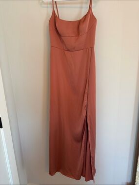 Azazie Rust-Orange Satin Maxi Slip Dress